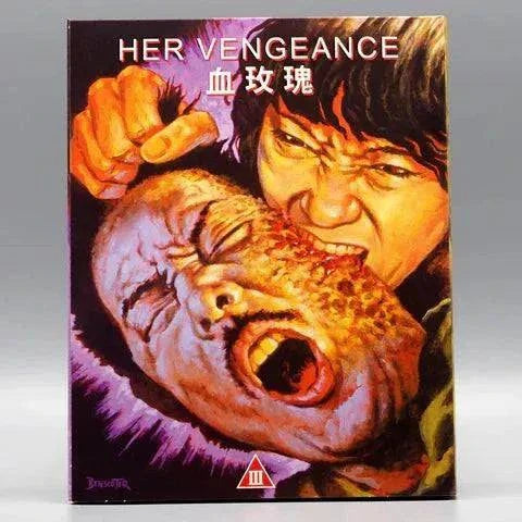 Her Vengeance Blu-Ray cover with dynamic illustrated art, featuring intense confrontation.