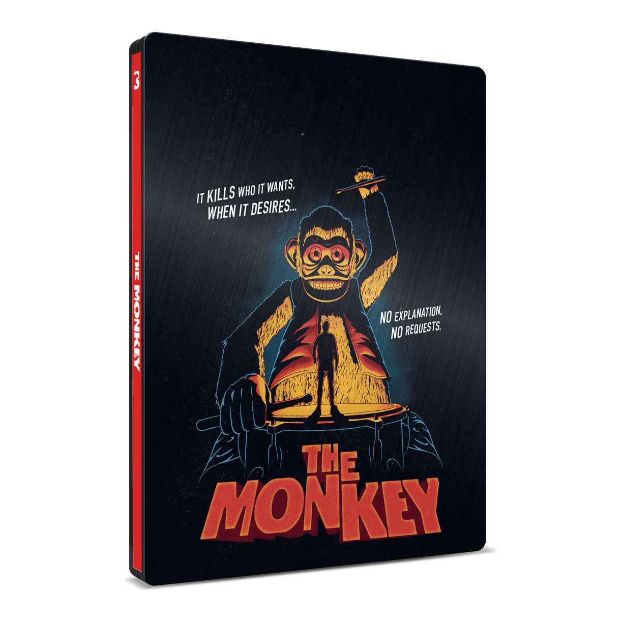 The Monkey Limited Edition Steelbook 4K Ultra HD Blu-Ray, REGION B, horror-themed cover art featuring a toy monkey.