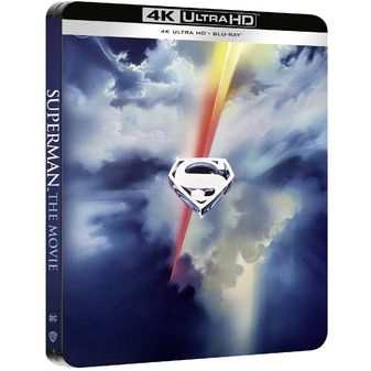 Superman The Movie Limited Edition UK Steelbook 4K UHD and Blu-Ray with full gloss finish and iconic Superman emblem on cloudy sky background