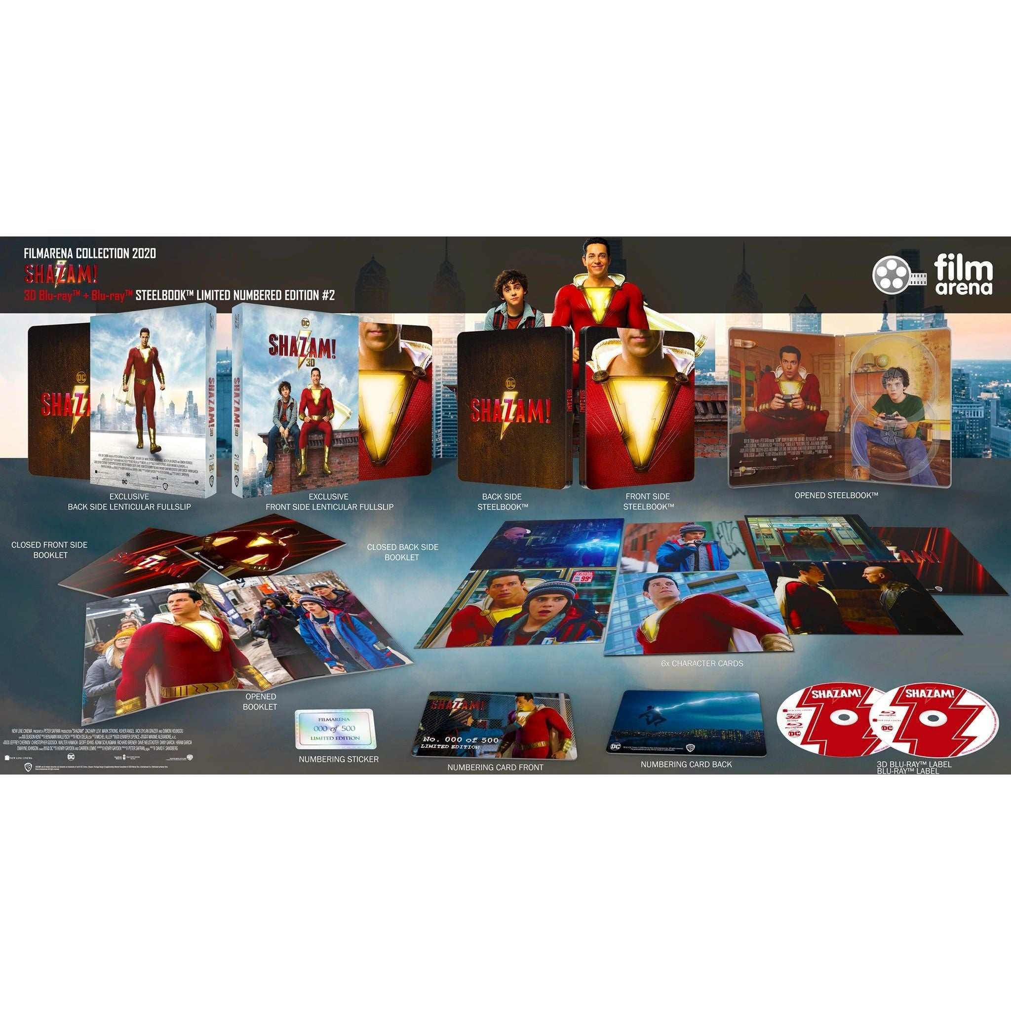 Shazam! One-Click Hardbox Filmarena Collection 4K UHD Blu-ray 3D SteelBook limited edition with FullSlip and Lenticular covers, collector’s booklet, character cards, and numbering card.