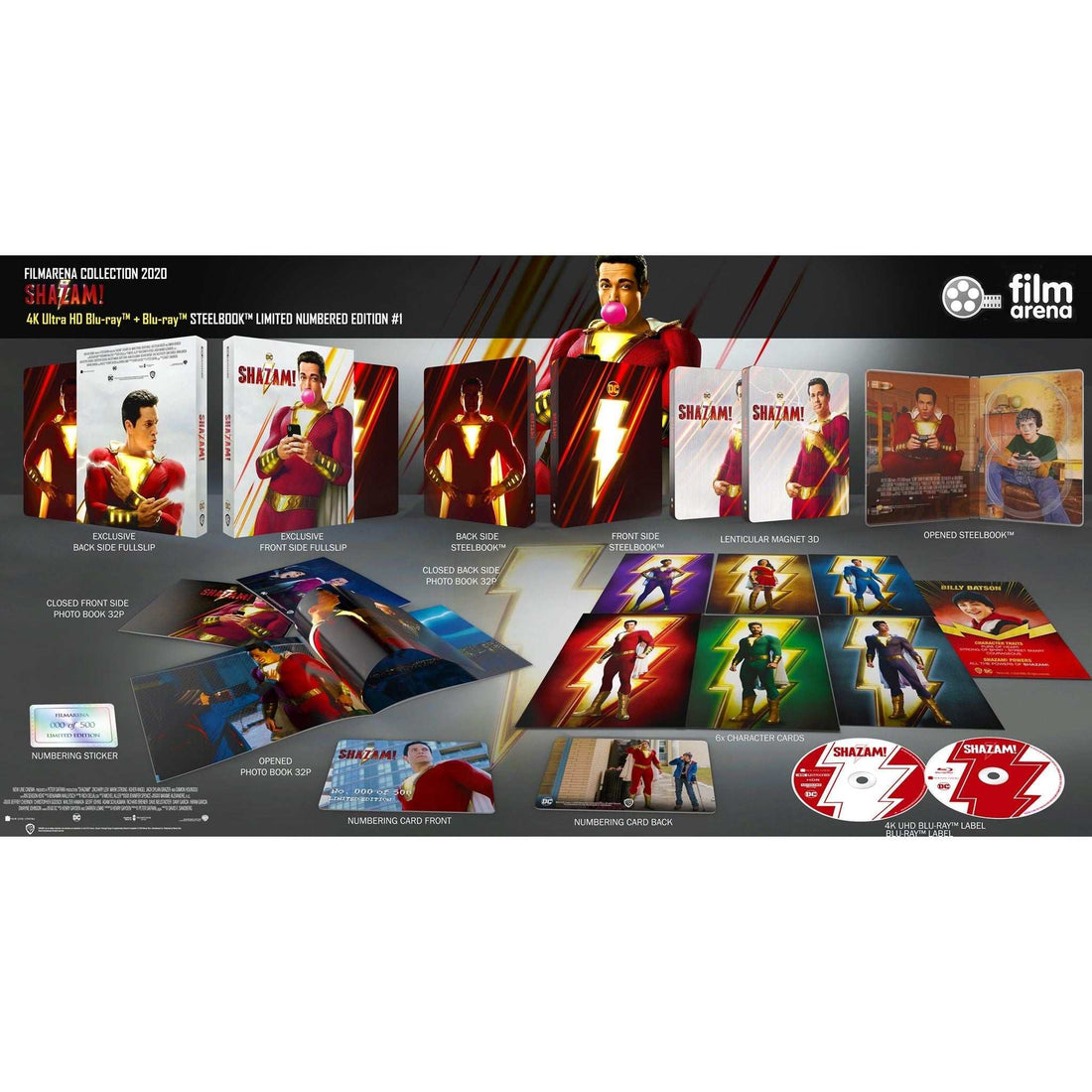 Shazam! One-Click Hardbox 4K UHD Blu-ray 3D SteelBook limited collector’s edition with full slipcase and lenticular covers.