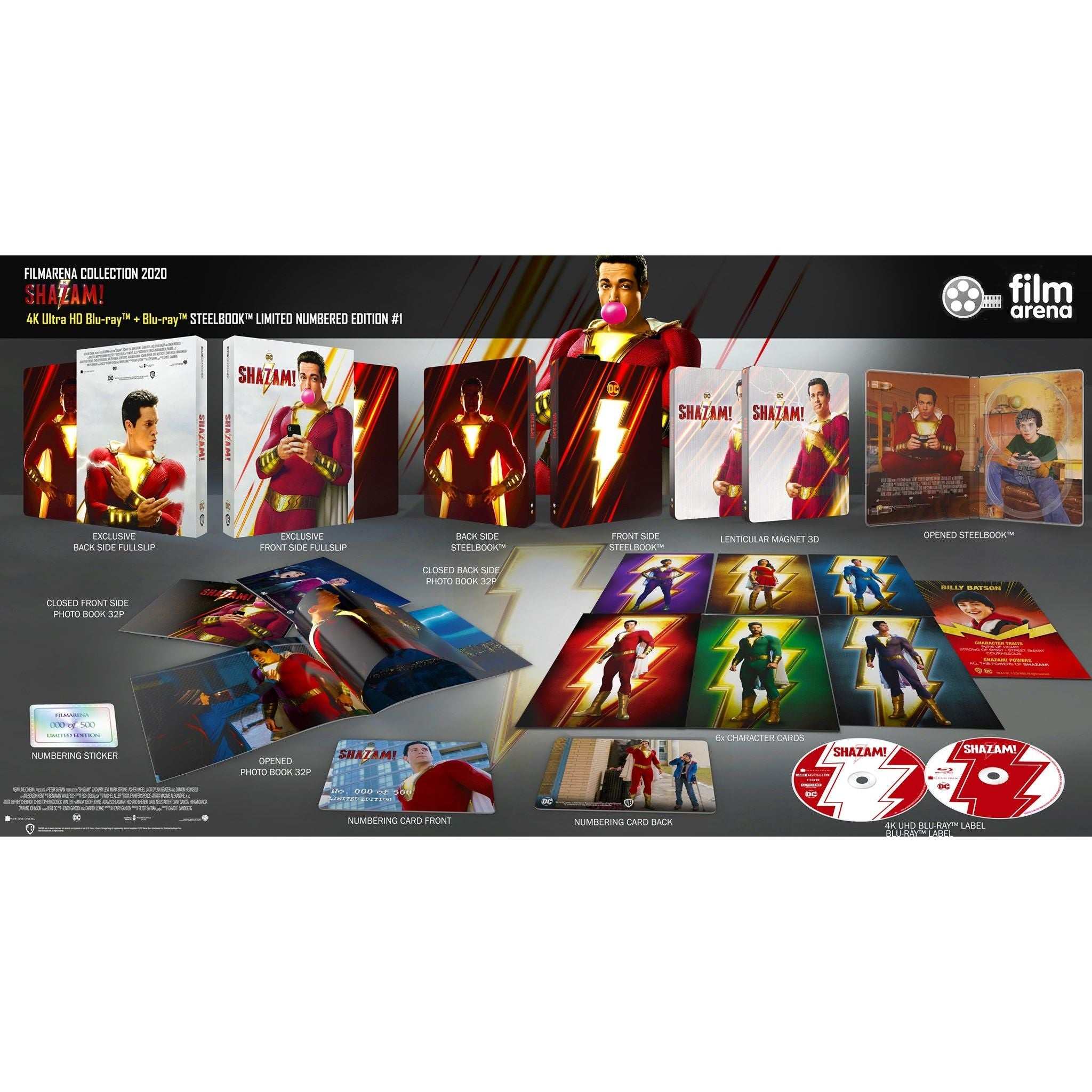 Shazam! One-Click Hardbox 4K UHD Blu-ray 3D limited collector's edition with SteelBooks, lenticular covers, photo books, character cards, and exclusive packaging.