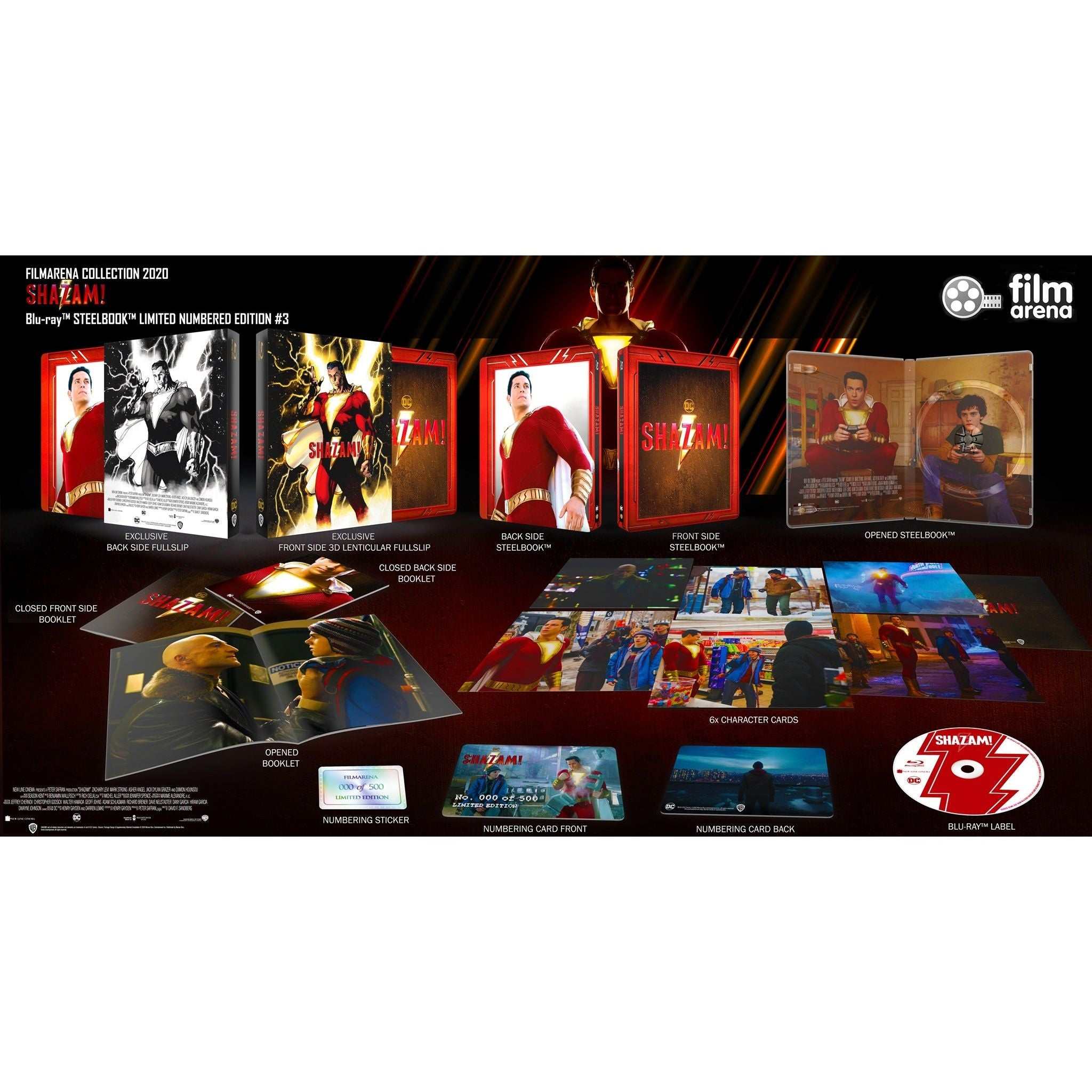 Shazam! One-Click Hardbox 4K UHD, Blu-ray, and 3D SteelBook limited collector's edition with lenticular FullSlip covers, exclusive booklet, character cards, and protective packaging.