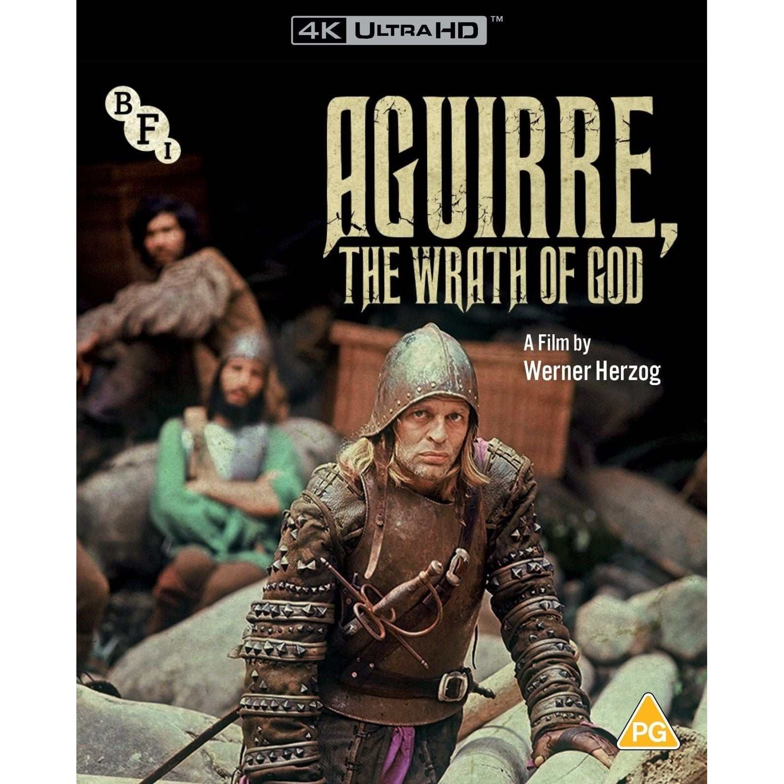 Aguirre The Wrath Of God 4K Ultra HD Blu-ray cover featuring Klaus Kinski as Don Lope de Aguirre in armor from Werner Herzog's historical drama film