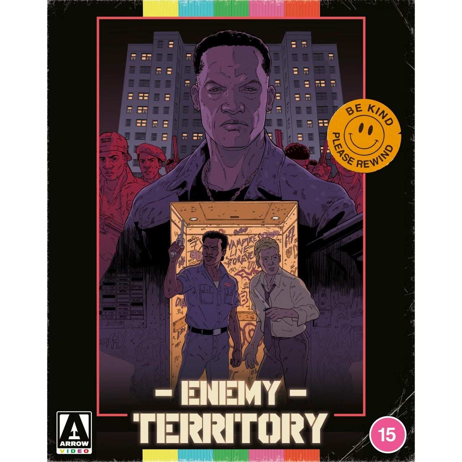 Enemy Territory Limited Edition Blu-Ray cover art featuring illustrated characters in an urban setting with a "Be Kind Please Rewind" sticker and Arrow Video logo.