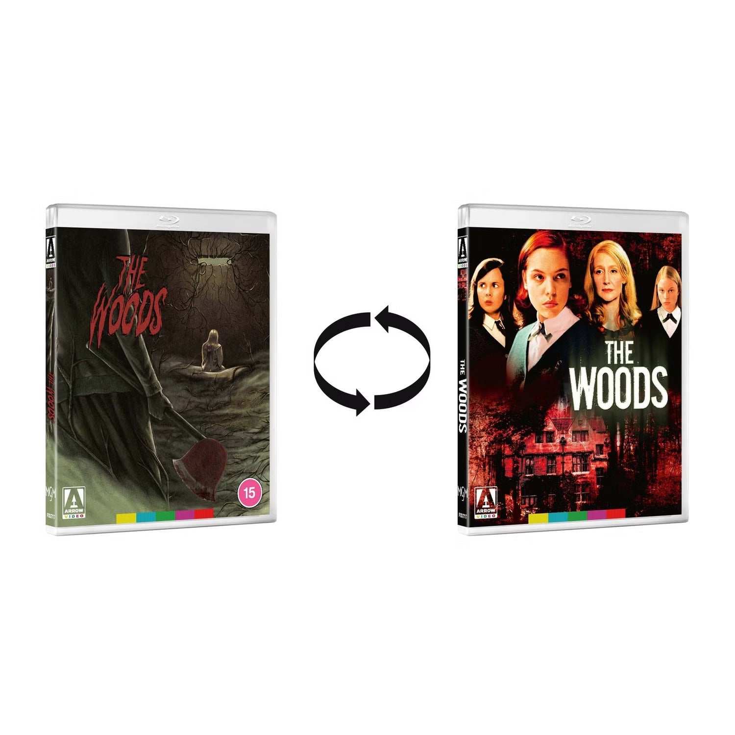 The Woods Limited Edition Blu-Ray with slipcover and booklet, featuring reversible artwork.