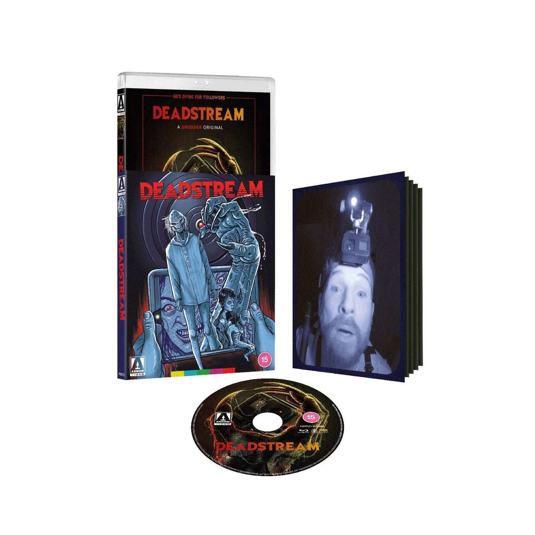 Deadstream Limited Edition Blu-Ray cover featuring horror characters and a giant hand holding a tablet, designed with bold red title text and dark eerie artwork