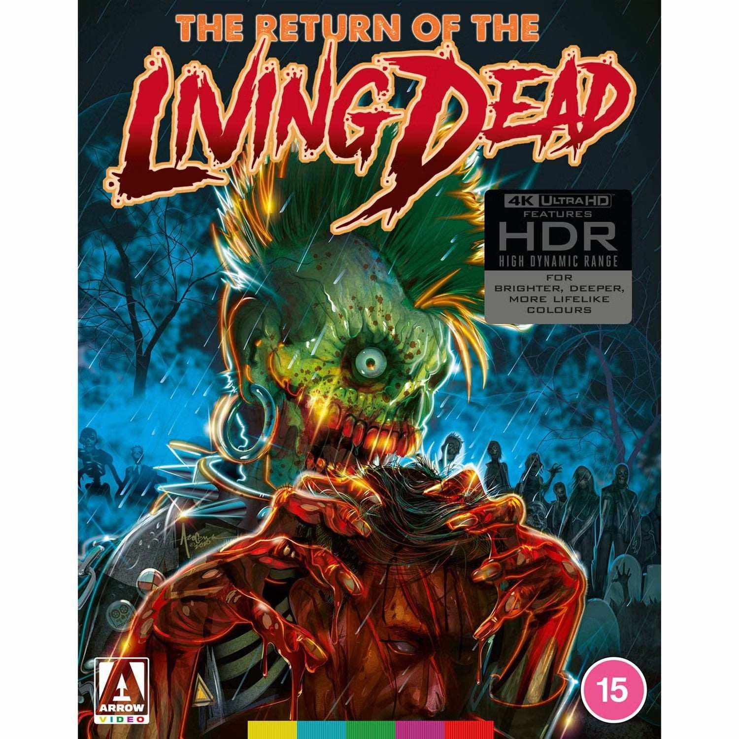 The Return of the Living Dead limited edition 4K Ultra HD and Blu-Ray cover featuring a green zombie with spiked hair holding a severed head.