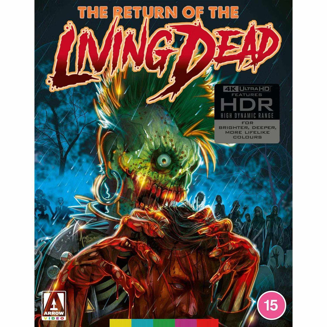 The Return of the Living Dead limited edition 4K Ultra HD and Blu-Ray cover featuring a green zombie with spiked hair holding a severed head.