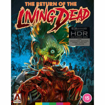 The Return of the Living Dead limited edition 4K Ultra HD and Blu-Ray cover featuring a green zombie with spiked hair holding a severed head.
