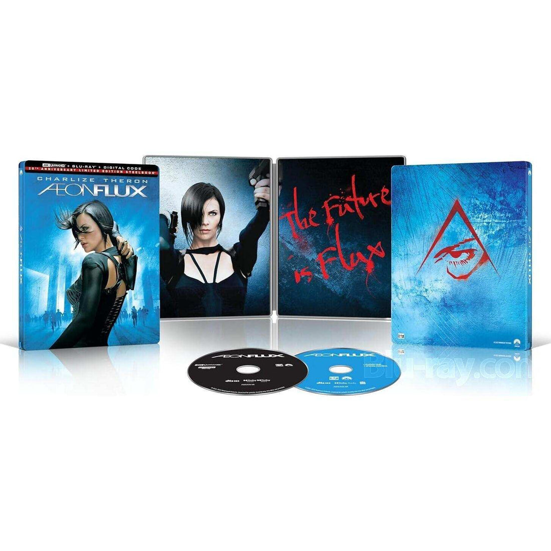 Aeon Flux 25th Anniversary Limited Edition Steelbook 4K UHD Blu-Ray featuring Charlize Theron in sci-fi action thriller cover design