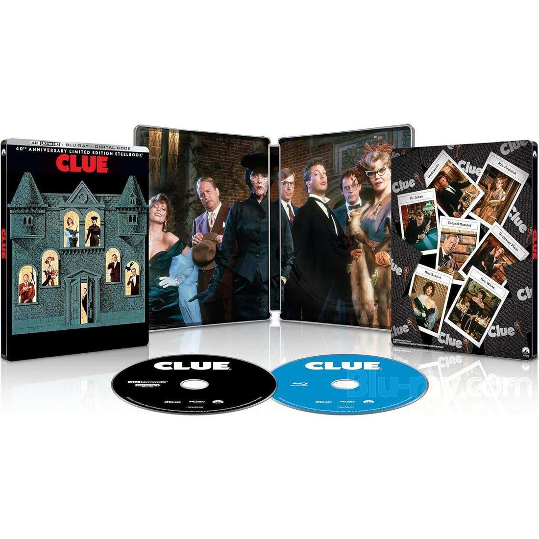 Clue 40th Anniversary Limited Edition Steelbook 4K UHD and Blu-Ray featuring iconic board game characters in house illustration