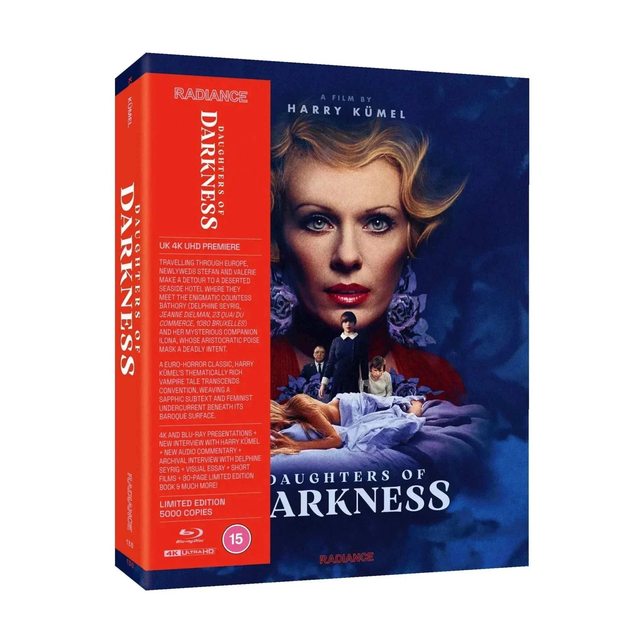 Daughters of Darkness limited edition 4K Ultra HD and Blu-Ray rigid box set with blue and red cover featuring a woman's face and gothic imagery