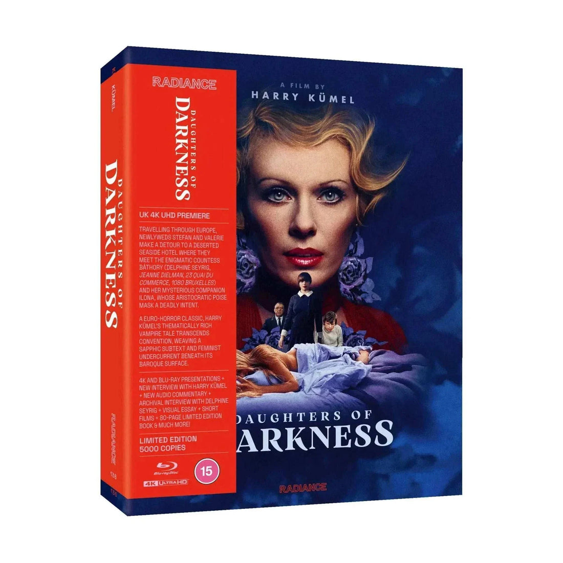 Daughters of Darkness limited edition 4K Ultra HD and Blu-Ray rigid box set with blue and red cover featuring a woman's face and gothic imagery