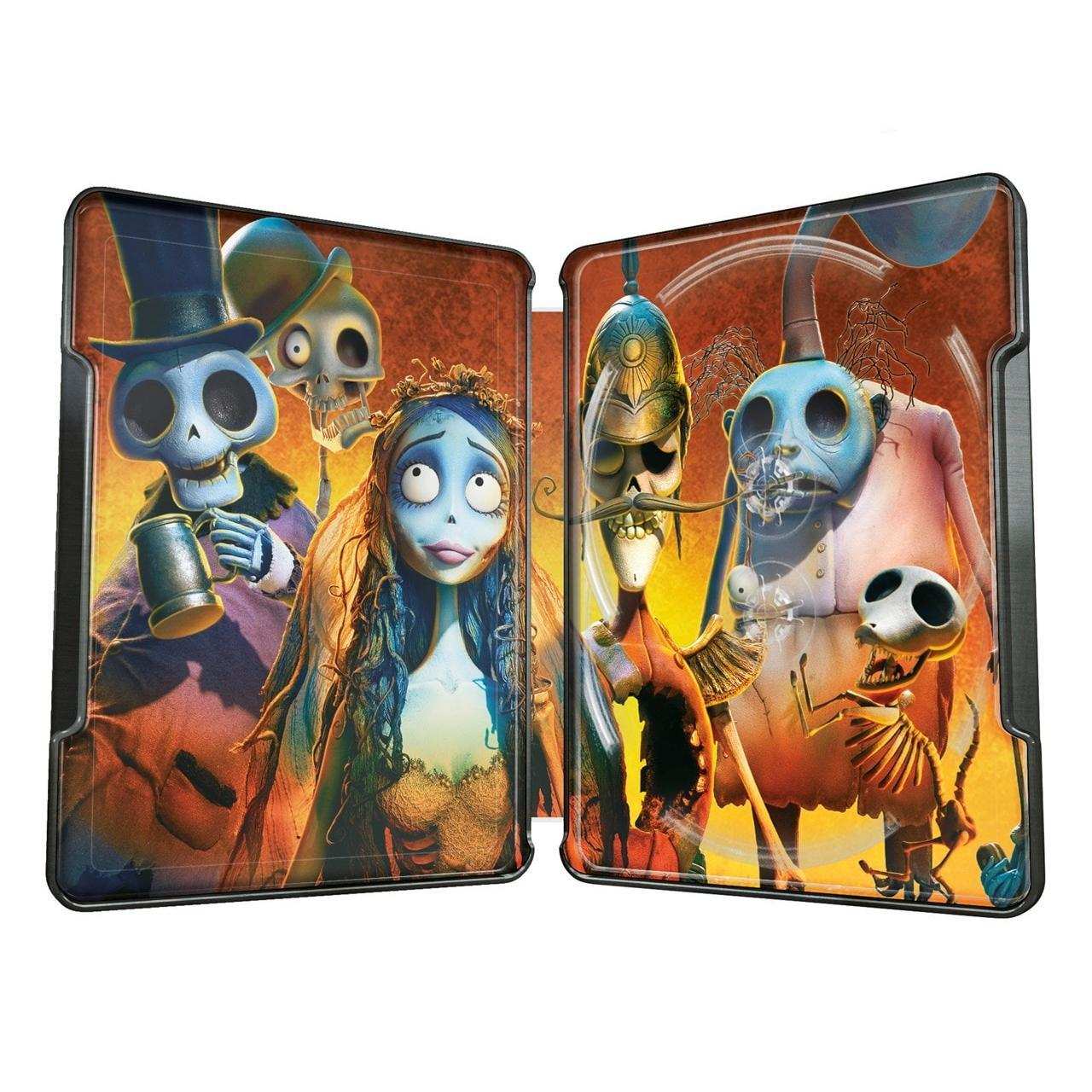 Steelbook case open showing colorful animated characters from Corpse Bride 2005 Collector's Edition including skeletons and bride illustration