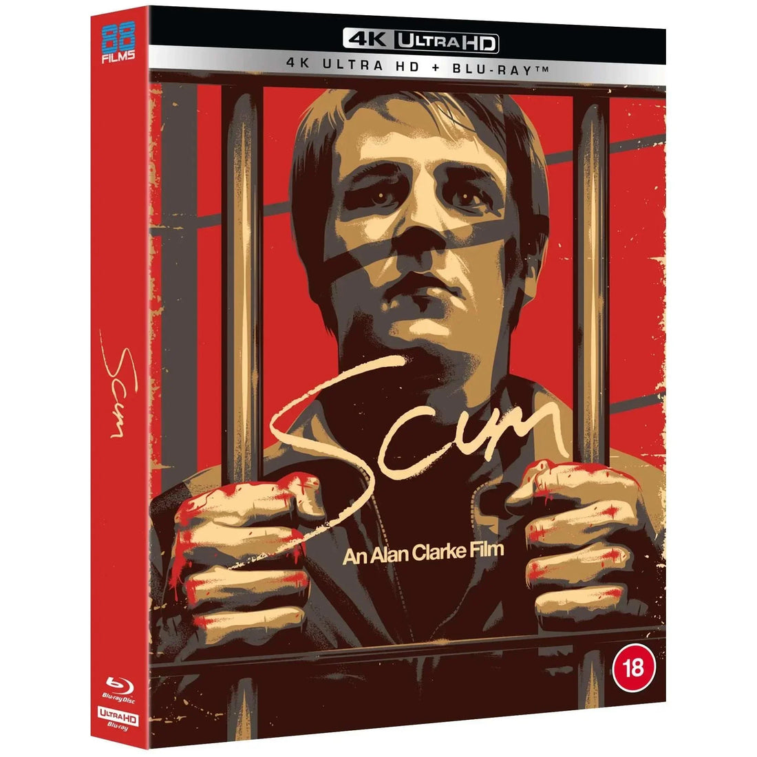 Scum 4K UHD Blu-Ray cover featuring stylized illustration of a man gripping prison bars with red background