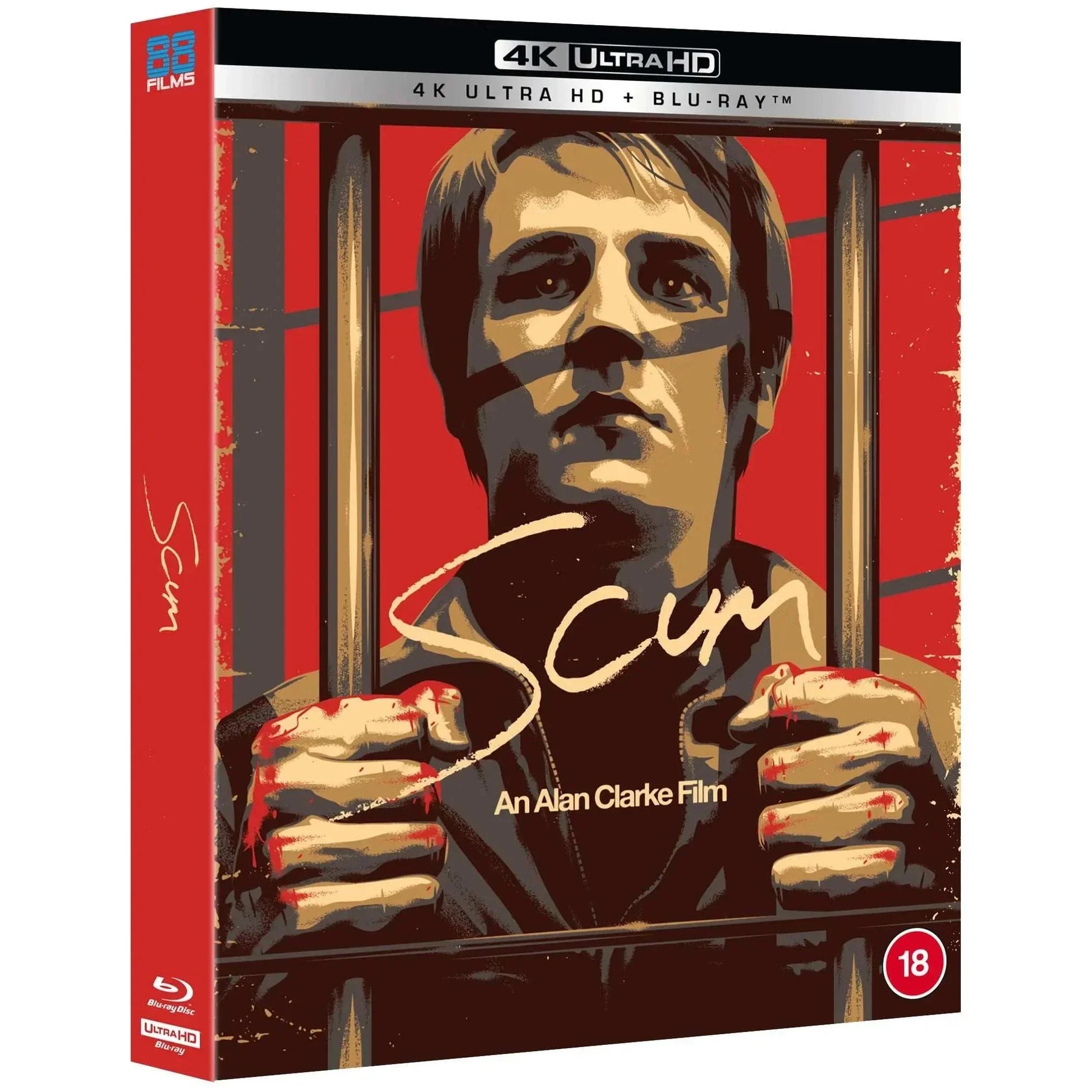 Scum 4K UHD Blu-Ray cover featuring stylized illustration of a man gripping prison bars with red background