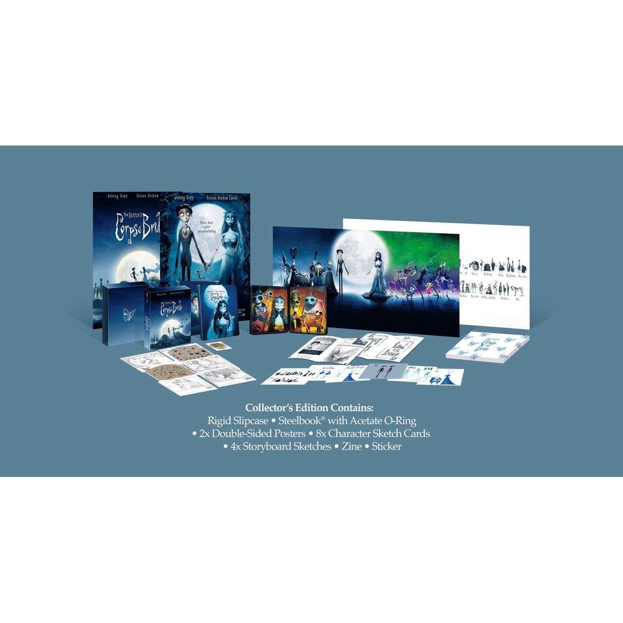 Corpse Bride 2005 UK Collector's Edition with steelbook, rigid slipcase, double-sided posters, art cards, storyboard sketches, zine, and stickers.