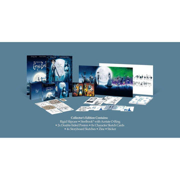 Corpse Bride 2005 UK Collector's Edition with steelbook, rigid slipcase, double-sided posters, art cards, storyboard sketches, zine, and stickers.