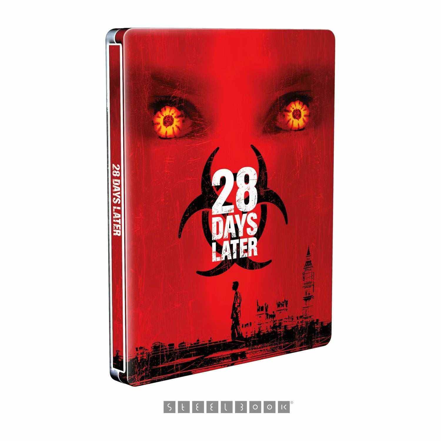 28 Days Later Limited Edition Steelbook 4K Ultra HD, red cover with biohazard symbol and intense eyes.