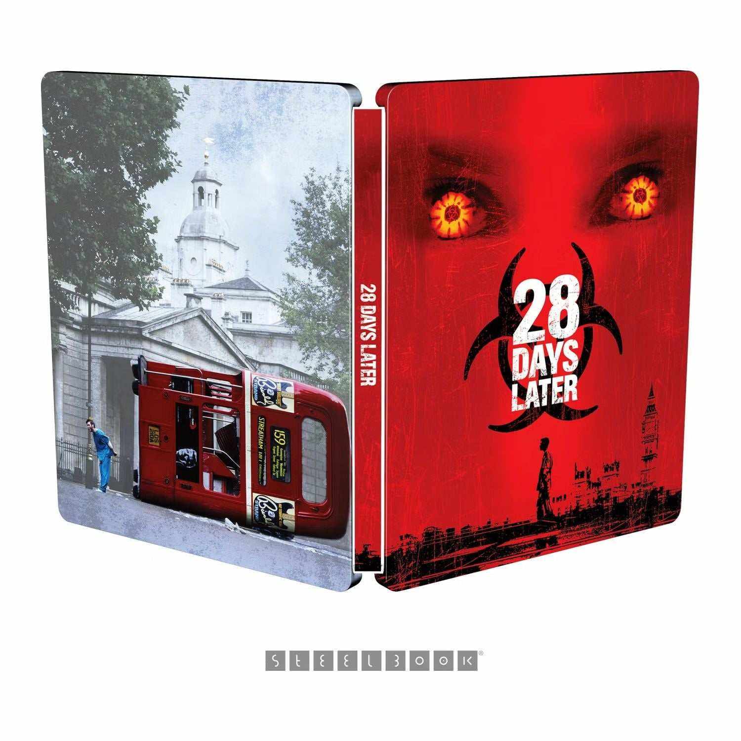 28 Days Later Limited Edition UK Steelbook 4K Ultra HD cover featuring iconic red imagery and London scenes.
