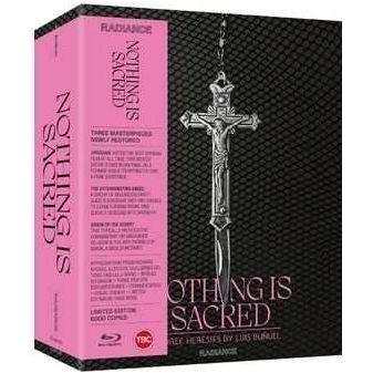 Limited edition "Nothing Is Sacred" Blu-Ray box set featuring three heresies by Luis Buñuel with iconic artwork and titles.