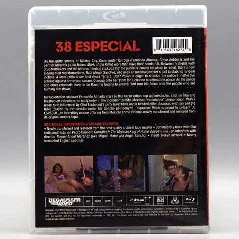Blu-Ray cover of "38 Especial" by Degausser Video featuring Fernando Almada with action scenes from the film.