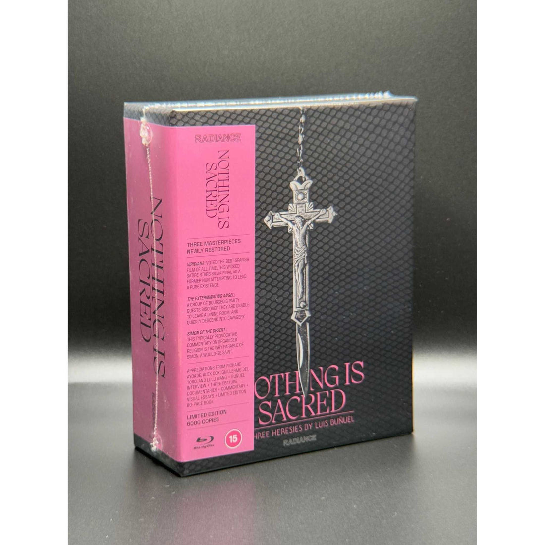 Limited edition "Nothing Is Sacred" Blu-Ray box set featuring three heresies by Luis Buñuel with iconic artwork and titles.