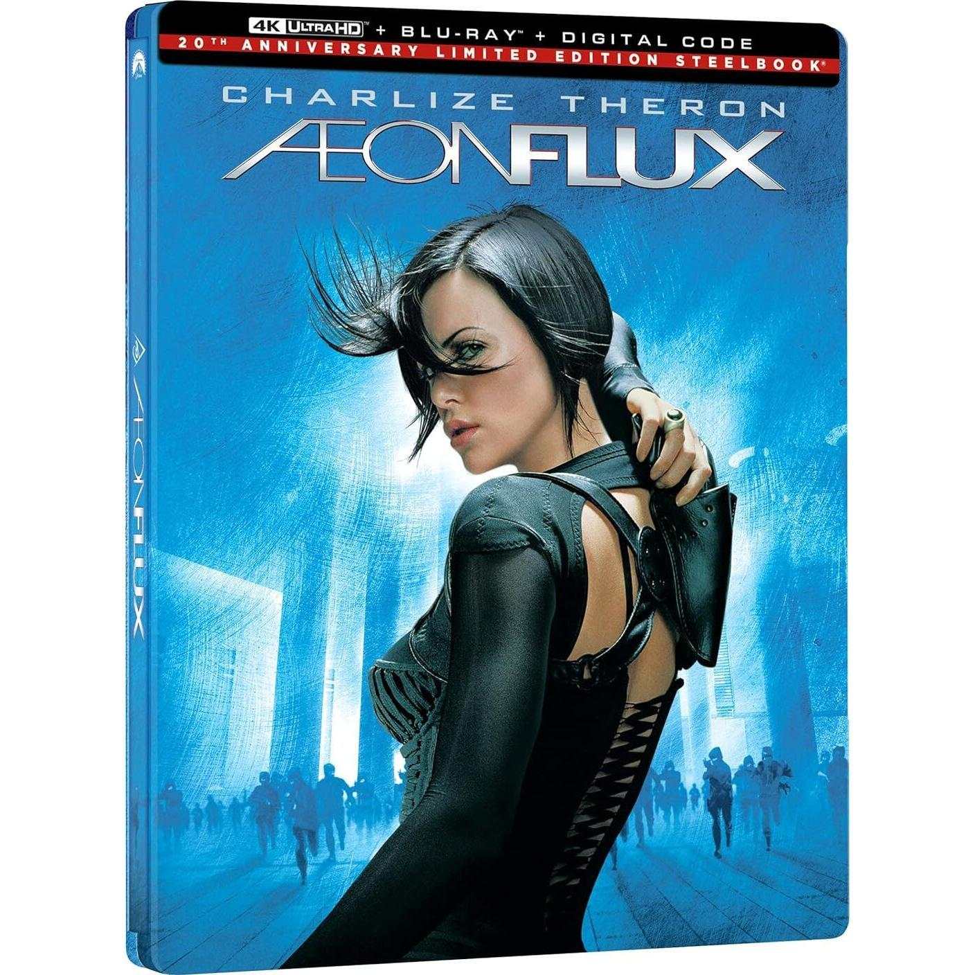 Aeon Flux 25th Anniversary Limited Edition Steelbook 4K UHD Blu-Ray featuring Charlize Theron in sci-fi action thriller cover design