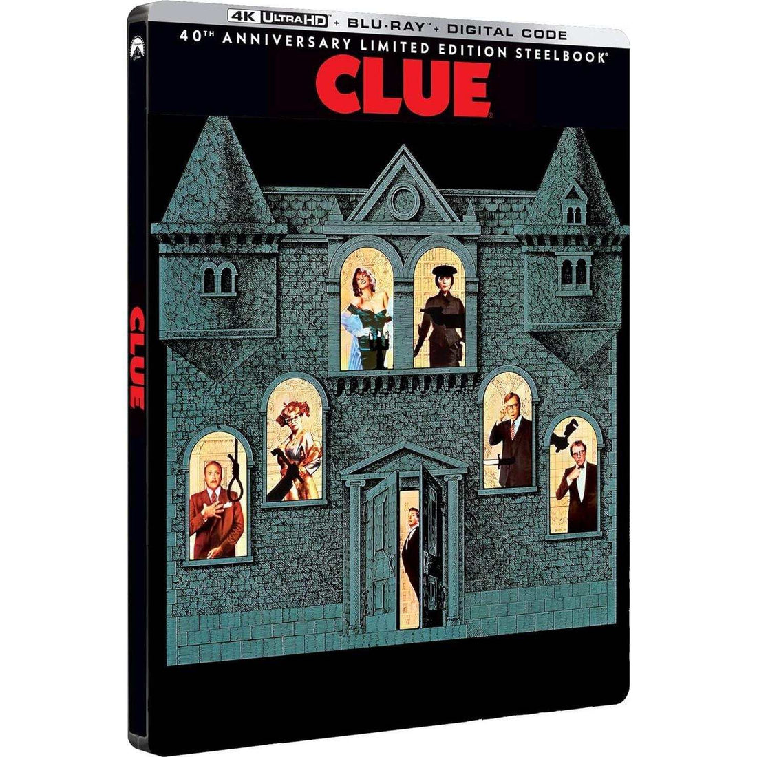 Clue 40th Anniversary Limited Edition Steelbook 4K UHD and Blu-Ray featuring iconic board game characters in house illustration