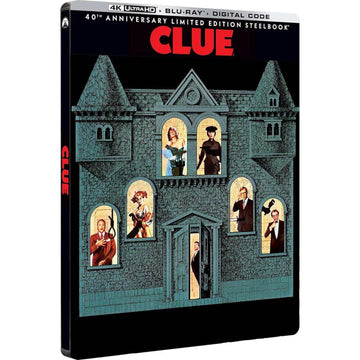 Clue 40th Anniversary Limited Edition Steelbook 4K UHD and Blu-Ray featuring iconic board game characters in house illustration