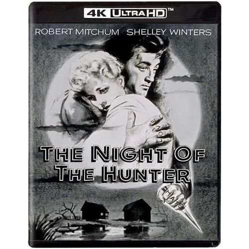 The Night of the Hunter 4K UHD Blu-Ray cover featuring Robert Mitchum and Shelley Winters.