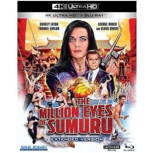 4K UHD Blu-ray cover of "The Million Eyes Of Sumuru" with slipcover featuring Shirley Eaton and secret agents, extended version.