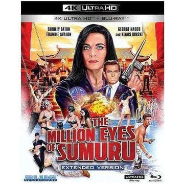 4K UHD Blu-ray cover of "The Million Eyes Of Sumuru" with slipcover featuring Shirley Eaton and secret agents, extended version.