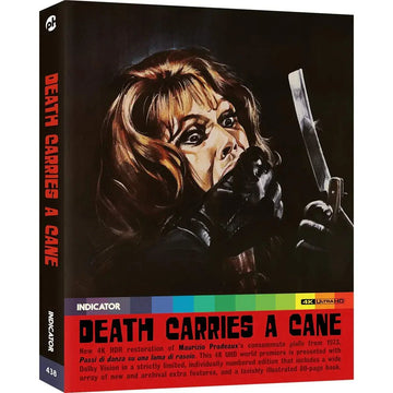 Limited edition 4K Ultra HD cover of "Death Carries a Cane", featuring a dramatic illustration of a woman holding a blade.