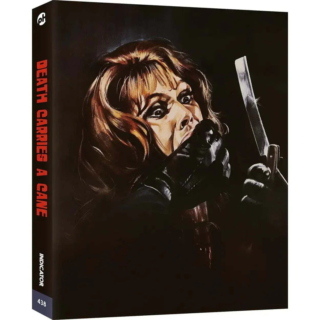 Limited edition 4K Ultra HD cover of "Death Carries a Cane", featuring a dramatic illustration of a woman holding a blade.