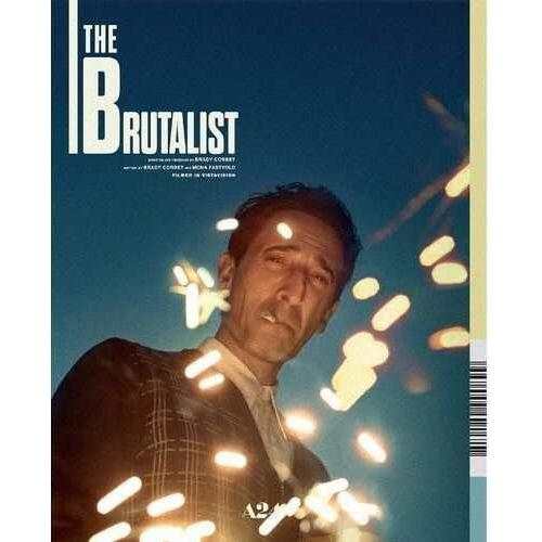 The Brutalist 4K UHD cover featuring a contemplative man amidst bright sparks.