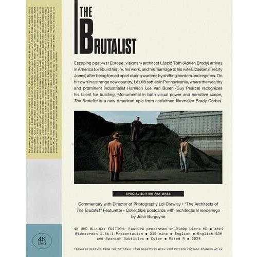 The Brutalist 4K UHD cover featuring a contemplative man amidst bright sparks.