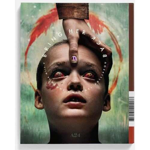 Bring Her Back 4K UHD horror movie Blu-ray cover featuring a possessed woman with red eyes and a hand on her forehead.