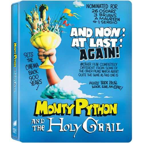 Monty Python And The Holy Grail 4K Ultra HD Steelbook 50th Anniversary Collector's Edition packaging with colorful illustrated cover