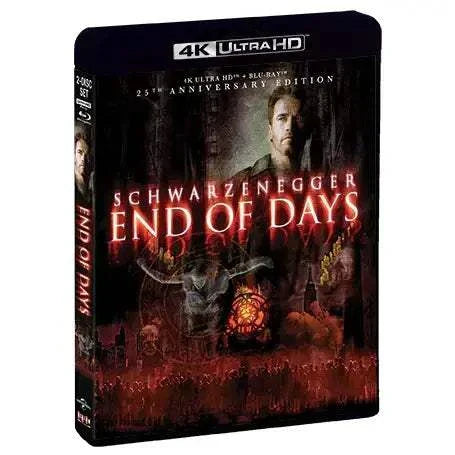 End Of Days 25th Anniversary Edition 4K UHD and Blu-Ray movie with slipcover featuring Arnold Schwarzenegger on cover