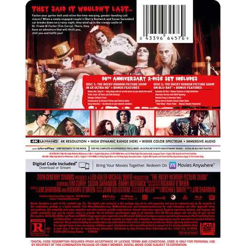 The Rocky Horror Picture Show 50th Anniversary Edition Steelbook 4K UHD and Blu-Ray set with restored film, Dolby Vision HDR, and exclusive bonus features.