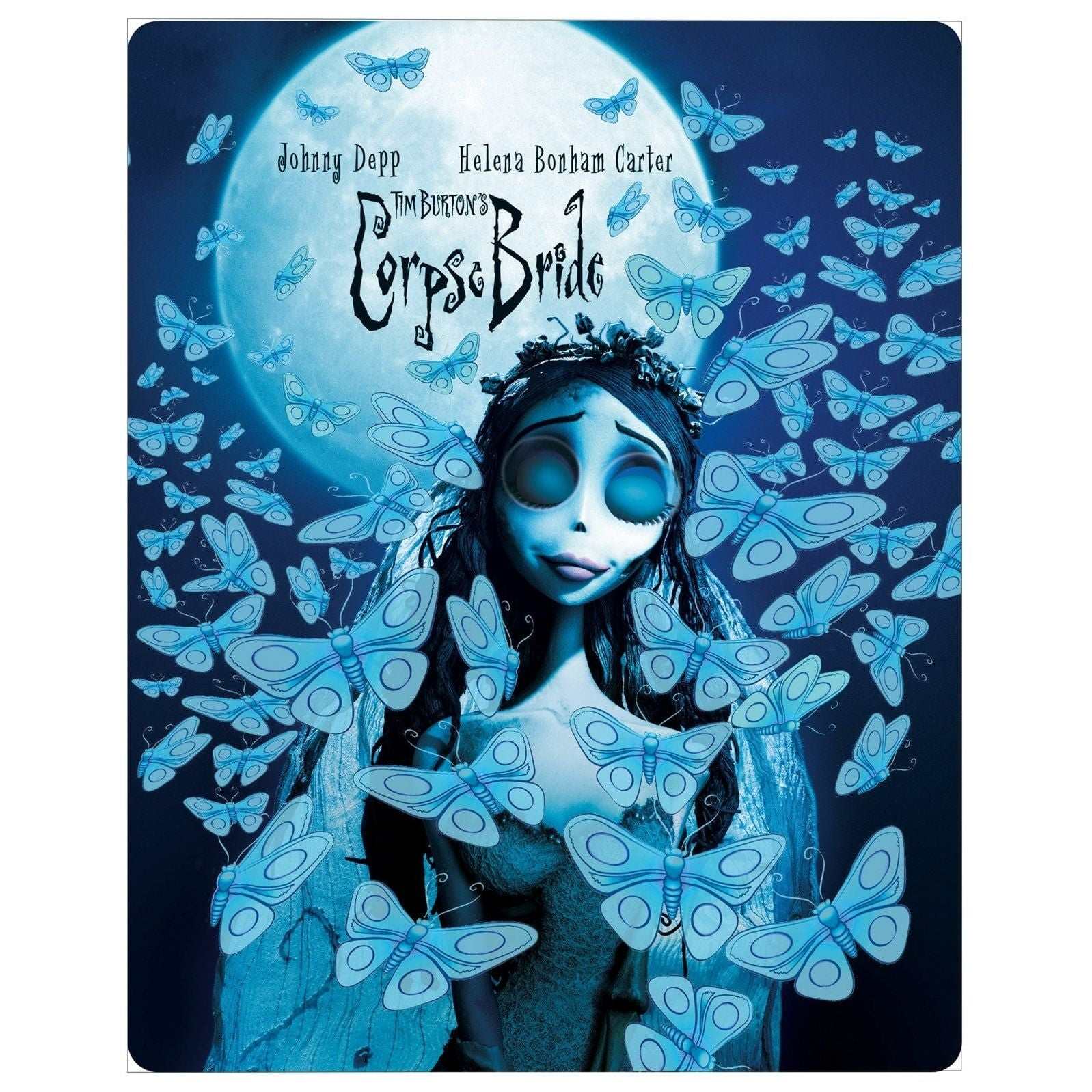 Corpse Bride 2005 UK Collector's Edition Steelbook 4K Ultra HD Blu-Ray with Rigid Slipcase and extras featuring animated bride surrounded by blue butterflies against a full moon background.