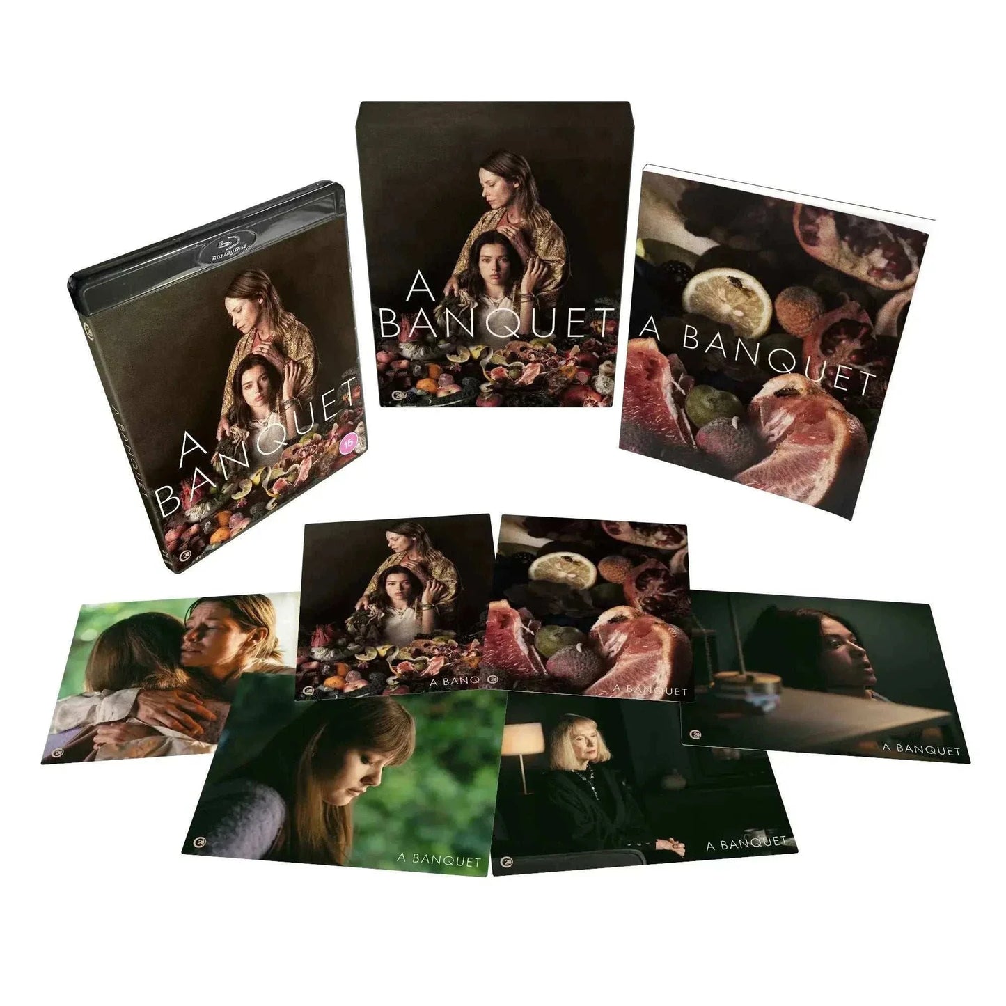 Limited Edition Blu-Ray set of "A Banquet" with rigid slipcase, soft cover book, and collectors' art cards displayed.
