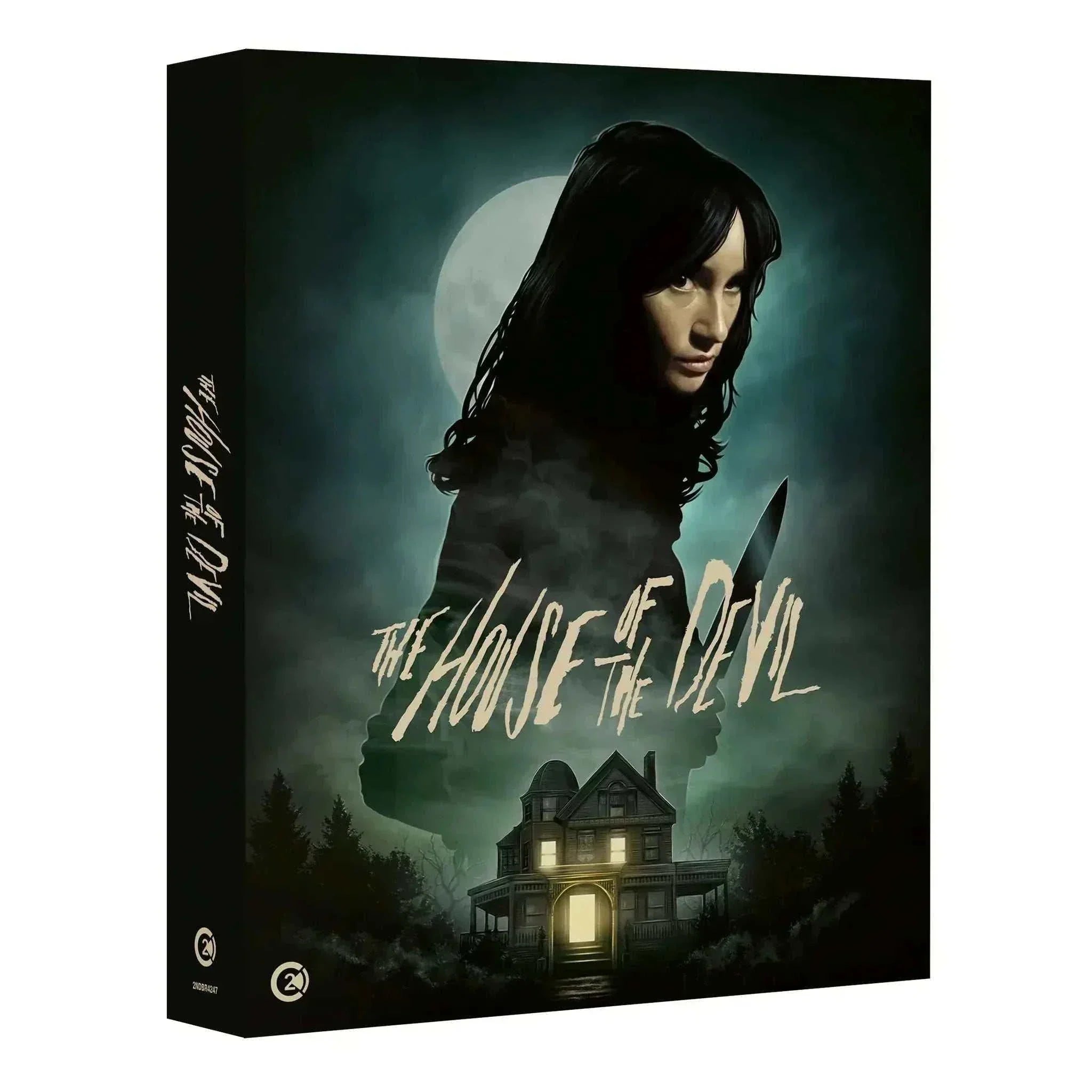 The House of the Devil Limited Edition Blu-Ray with rigid slipcase and extras featuring horror movie cover art with woman holding knife and eerie house under full moon.