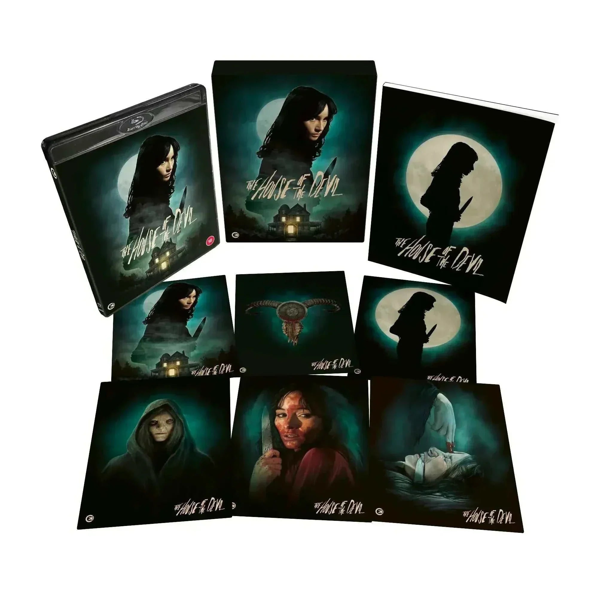 The House Of The Devil limited edition Blu-Ray set with rigid slipcase, 70-page book, and six collector art cards displaying horror-themed artwork