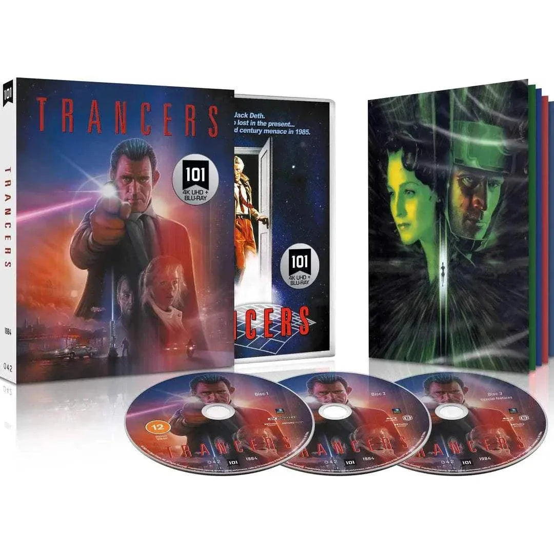 Limited Edition 4K UHD and Blu-Ray of Trancers with slipcover and booklet, sci-fi classic packaging.
