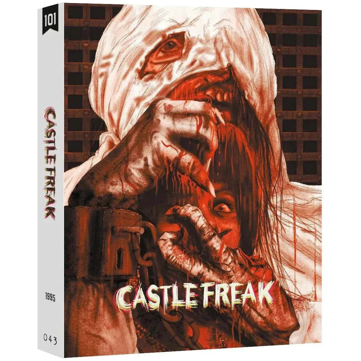 Castle Freak Limited Edition Blu-ray with slipcover and booklet featuring horror artwork of a chained, grotesque creature.