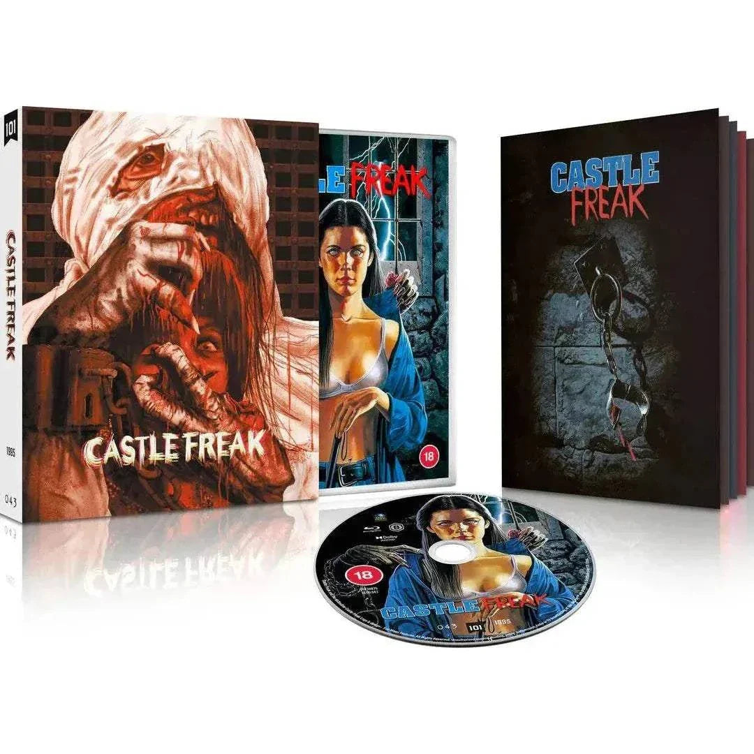 Castle Freak Limited Edition Blu-ray with slipcover and booklet featuring horror artwork of a chained, grotesque creature.