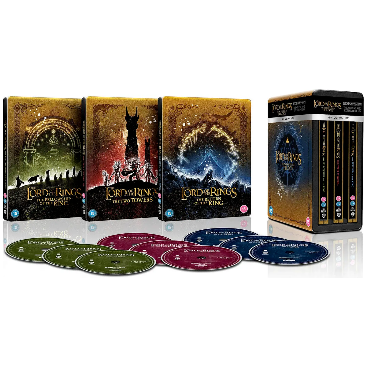 The Lord Of The Rings Trilogy Limited Edition Steelbook Box Set - Theatrical and Extended Collection in 4K Ultra HD with multiple discs displayed.